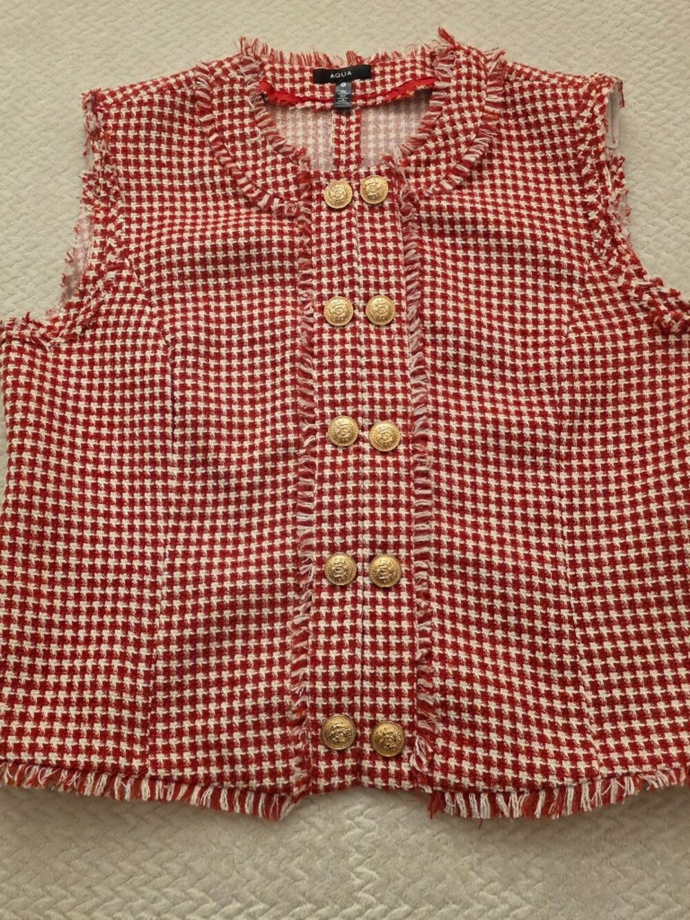 Womens Bohemian Aqua Tweed Red Gingham Fringe Vest SZ XL Hook & Loop Closure
